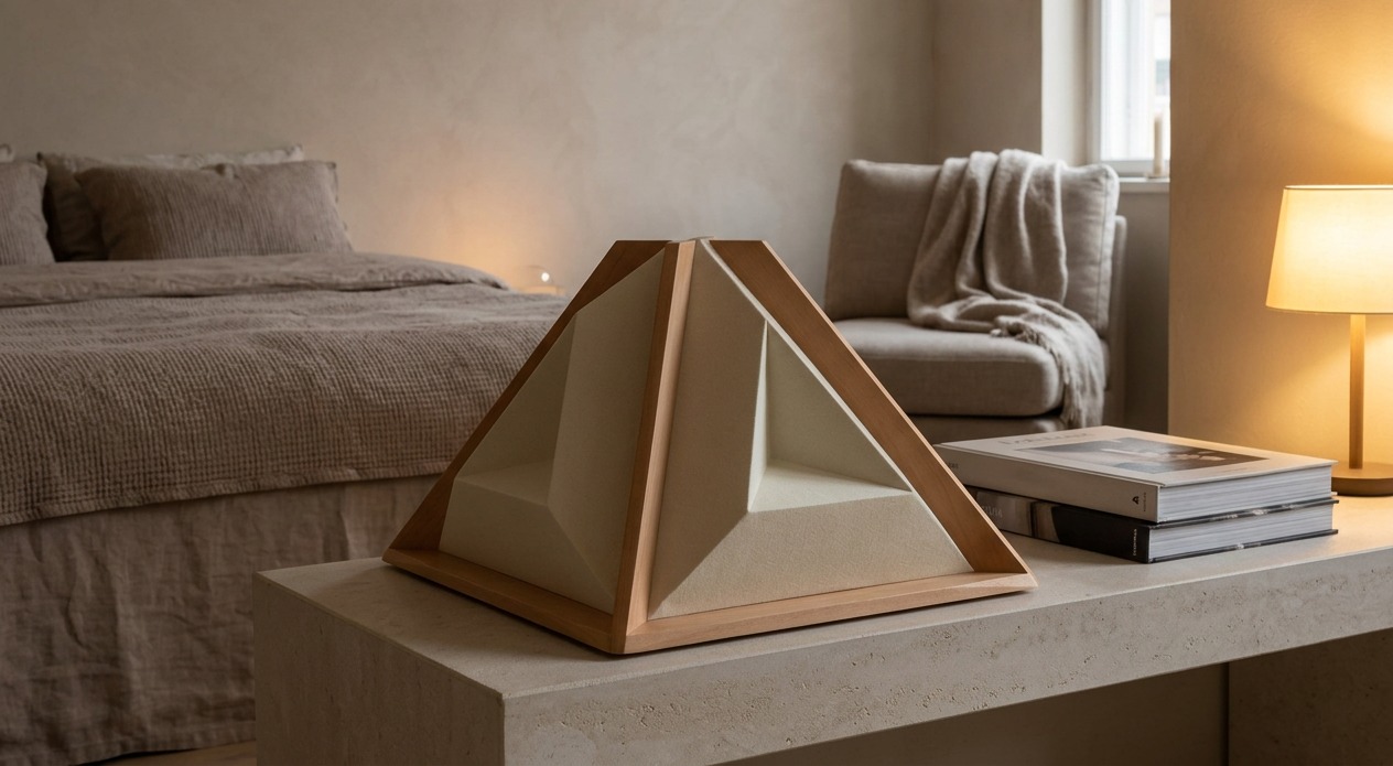 Saturum on a travertine bench in a calm bedroom