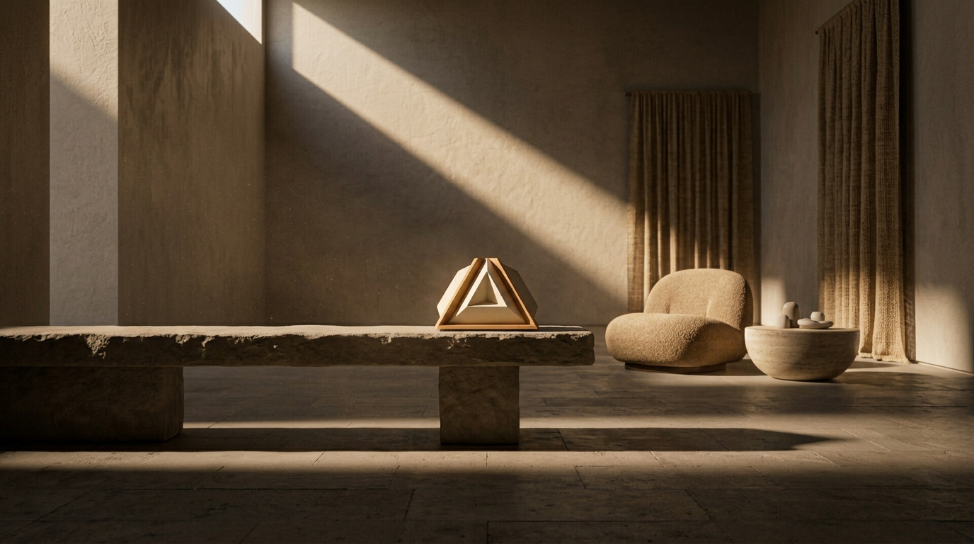 The loudspeaker on a stone bench in a spacious chalk-plaster living room